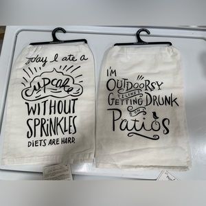 Set of 2 kitchen flour sack towels, punny little phrases, brand new with tags!